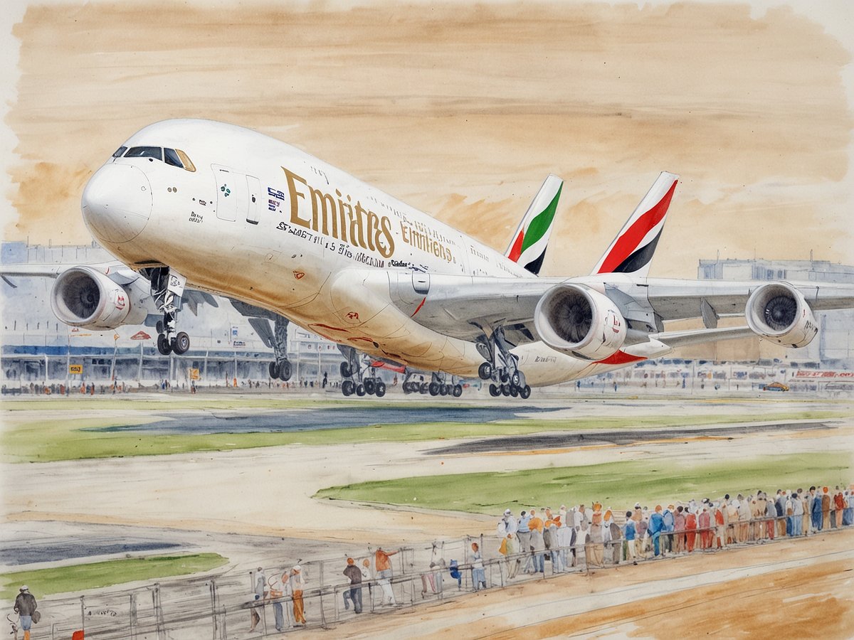 Ein Emirates Flugzeug vom Typ Airbus A380 hebt ab und ist nah am Boden zu sehen. Im Hintergrund befinden sich Flughafenanlagen und eine Menschengruppe, die das Abheben beobachtet. Das Bild vermittelt ein Gefühl von Reise und Luxus, unterstrichen durch die auffällige Farbgebung und Details des Flugzeugs.