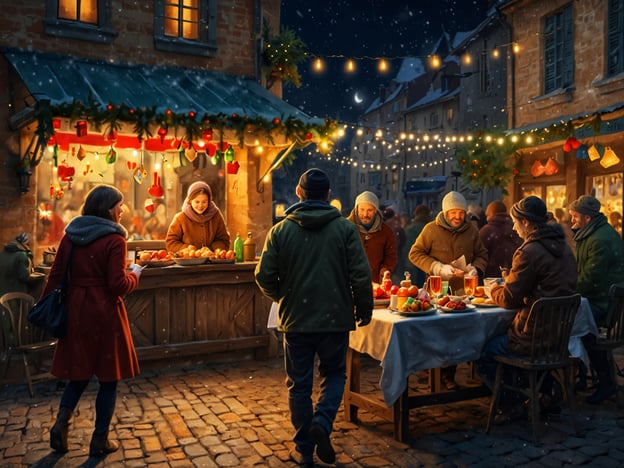 Auf dem Bild ist eine festliche Szenerie zu sehen, die typisch für die Adventszeit ist. Der Weihnachtsmarkt ist beleuchtet und geschmückt, was eine warme, einladende Atmosphäre schafft. 

In vielen Regionen Deutschlands ist es Tradition, sich auf den Weihnachtsmärkten zu treffen, um Glühwein, gebrannte Mandeln und andere Leckereien zu genießen. Auch die Verwendung von Tannenzweigen und Lichtern zur Dekoration ist ein Brauch, um die festliche Stimmung zu verstärken. 

Die Menschen scheinen eine gute Zeit zu haben, was an der Geselligkeit und den fröhlichen Gesprächen erkennbar ist. Solche Märkte sind ein zentraler Bestandteil der Adventszeit und bieten eine Gelegenheit, die Gemeinschaft zu feiern und die Vorfreude auf Weihnachten zu teilen.