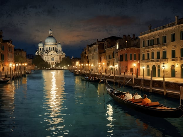 Auf dem Bild ist eine malerische Abendansicht eines Kanals in Venedig zu sehen, umgeben von historischen Gebäuden. Die festliche Stimmung wird durch die warmen Lichter der Straßenlaternen und die sanfte Reflexion im Wasser verstärkt. Im Hintergrund ist eine beeindruckende Kirche, die den nächtlichen Himmel erleuchtet und die Atmosphäre eines besonderen Anlasses oder einer Feier in der Stadt unterstreicht. Menschen in Gondeln genießen die romantische Kulisse, was das Bild zu einem idealen Symbol für festliche Veranstaltungen in dieser einzigartigen Kulisse macht.