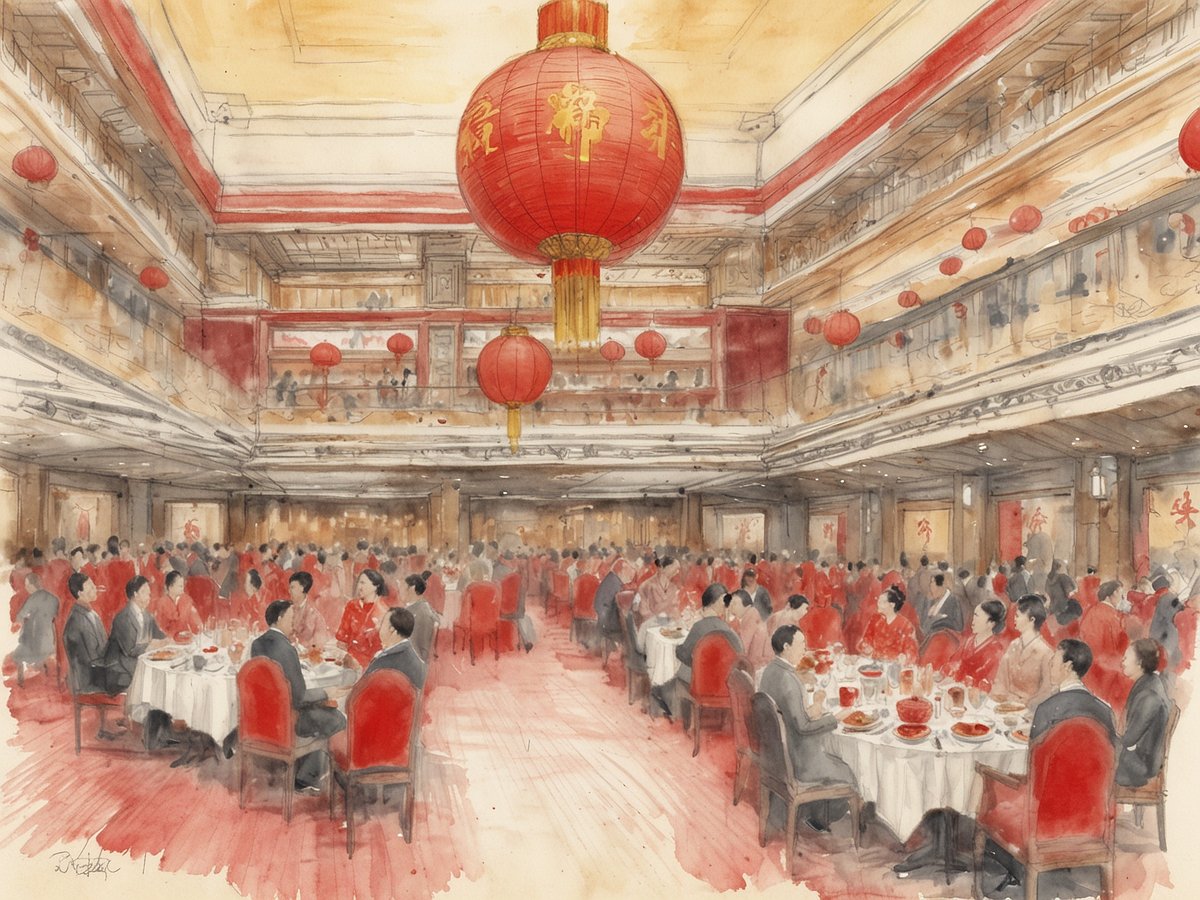 Im großen Festsaal des Peninsula Hong Kong findet eine luxuriöse Feier zum chinesischen Neujahr statt. Der Raum ist festlich dekoriert mit roten Laternen, die von der Decke hängen. Zahlreiche Tische sind mit weißen Tischdecken eingedeckt und umgeben von Gästen, die in eleganter Kleidung, häufig in roten Dressen, sitzen. Auf den Tischen stehen traditionelle Speisen und Getränke. Im Hintergrund sind festliche Wanddekorationen sichtbar, die typisch für das chinesische Neujahrsfest sind. Der gesamte Raum strahlt eine festliche und elegante Atmosphäre aus.