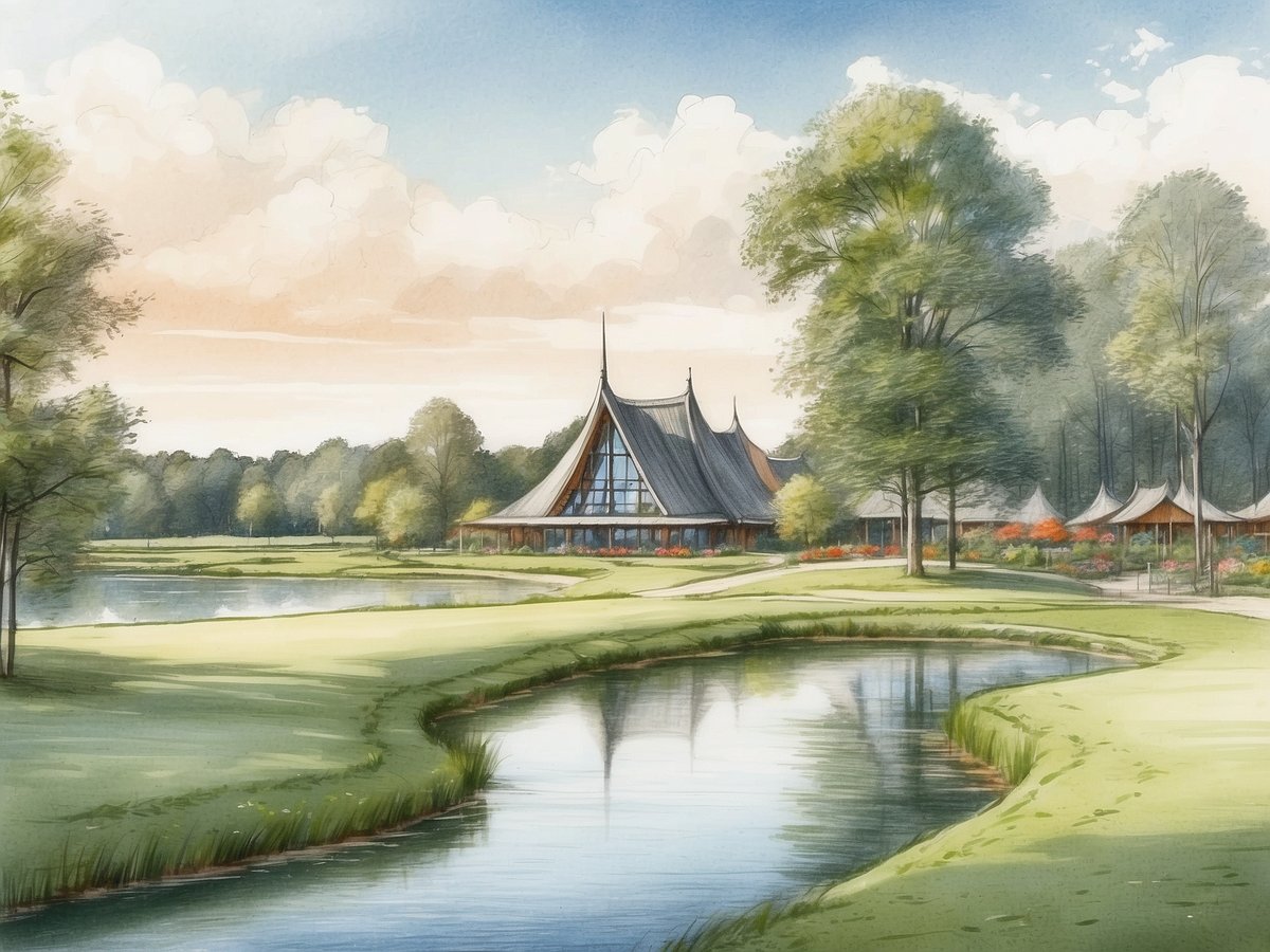 Eine malerische Ansicht von Landal GreenParks De Vers in Overloon, Nordbrabant. Im Vordergrund fließt ein ruhiger Wasserlauf, der von grünen Wiesen gesäumt ist. Zu sehen ist ein modernes Gebäude mit charakteristischer Dacharchitektur, umgeben von Bäumen und bunten Blumenbeeten. Der Himmel zeigt sanfte Wolken bei Tageslicht und lenkt den Blick auf die idyllische Umgebung der Natur.