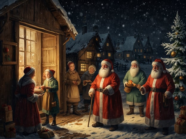 Auf dem Bild sind mehrere weihnachtlich gekleidete Figuren zu sehen, die in einer verschneiten, festlich dekorierten Landschaft stehen. Die Atmosphäre ist warm und einladend. 

Traditionelle dänische Weihnachtsaktivitäten, die hier dargestellt sein könnten, umfassen die Vorbereitung von Festessen, das Backen von Plätzchen und Lebkuchen oder das Feiern von „julefrokost“ (Weihnachtsmittagessen) mit der Familie. Auch das Singen von Weihnachtsliedern oder das Austauschen von Geschenken spielt in dieser Zeit eine große Rolle. Vielleicht symbolisiert das Bild auch, wie Kinder Weihnachtsgebäck an die Beschenker verteilen, was in Dänemark ebenfalls eine schöne Tradition ist.