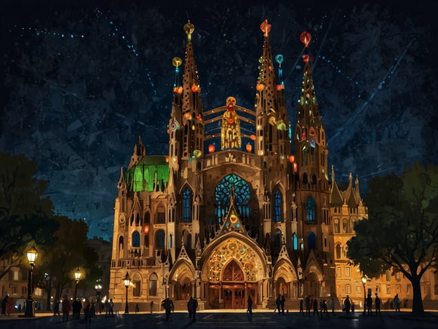 Auf dem Bild ist die Sagrada Família in Barcelona zu sehen, eindrucksvoll beleuchtet mit festlicher Beleuchtung. Die bunten Lichter heben die architektonischen Details der Basilika hervor und schaffen eine magische Atmosphäre in der nächtlichen Umgebung. Die Bäume und laternenartigen Beleuchtungen umgeben das Gelände und verstärken das festliche Flair der Stadt.