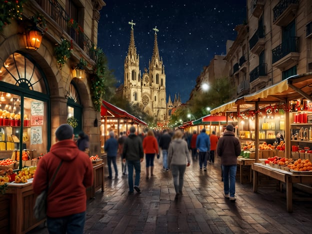 Auf dem Bild ist eine festliche Szenerie eines Weihnachtsmarktes in Barcelona zu sehen. Die Straßen sind mit festlichen Ständen gesäumt, die eine Vielzahl von Produkten, wahrscheinlich Weihnachtsleckereien und lokale Erzeugnisse, anbieten. Im Hintergrund ragt eine beeindruckende Kathedrale in den Nachthimmel, beleuchtet von Lichtern, die eine gemütliche Atmosphäre schaffen. Die Menschen schlendern durch die Gassen, umgeben von festlicher Dekoration, die typisch für traditionelle Weihnachtsmärkte in Barcelona ist. Diese Märkte sind bekannt für ihre lebendige Stimmung und das Angebot von handgemachten Geschenken, Süßigkeiten und Spezialitäten der Region.