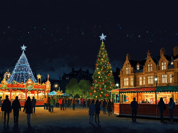 Auf dem Bild sind die West Princes Street Gardens in der Nacht zu sehen, festlich geschmückt für die Weihnachtszeit. Ein großer, leuchtend geschmückter Weihnachtsbaum steht im Mittelpunkt, umgeben von fröhlichen Menschen, die die festliche Atmosphäre genießen. Es gibt ein nostalgisches Karussell, das Kindern und Familien Spaß bietet, sowie Stände mit Leckereien und Überraschungen. Die Lichter und Dekorationen schaffen eine einladende, festliche Stimmung für alle Besucher.