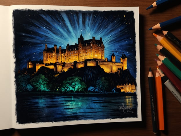 Auf dem Bild ist eine künstlerische Darstellung von Edinburgh Castle zu sehen, die im Rahmen der Veranstaltung "Castle of Light" beleuchtet ist. Die Burg strahlt in warmem Licht und steht im Kontrast zu einem tiefblauen, sternenübersäten Himmel. Die Lichtstrahlen und die reflektierenden Elemente im Wasser verstärken die magische Atmosphäre der Szene. Diese Kunstform feiert die Architektur und Geschichte der Burg, während sie gleichzeitig die Schönheit von Edinburgh bei Nacht hervorhebt. Rechts im Bild sind Farbstifte zu sehen, was darauf hindeutet, dass es sich um eine handgezeichnete Illustration handelt.