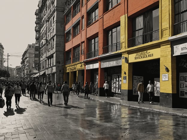 Auf dem Bild ist eine belebte Straße in Bogotá zu sehen, die von bunten Gebäuden gesäumt wird. Diese Szenerie könnte in der Nähe des kulturellen Zentrums „La Candelaria“ sein, einem Stadtteil, der für seine historische Architektur und künstlerische Atmosphäre bekannt ist. 

In Bogotá finden viele kulturelle Veranstaltungen statt, darunter die **Internationale Buchmesse** und das **Festival Iberoamericano de Teatro**, die Besucher aus aller Welt anziehen. Die Straßen sind auch oft Schauplatz für Straßenkunst und -aufführungen, was das Stadtbild lebendig und dynamisch macht. 

Die herrliche Mischung aus Tradition und Moderne zeigt sich auch in den vielen Kunstgalerien, Cafés und Restaurants, die an solchen Orten zu finden sind.