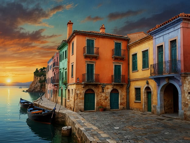 Auf dem Bild ist die bezaubernde Altstadt mit ihren bunten Häusern zu sehen, die direkt am Wasser liegen. Die Architektur strahlt einen mediterranen Charme aus, während die sanften Farben der Fassaden harmonisch miteinander verschmelzen. Zwei Boote liegen im Hafen, und das ruhige Wasser reflektiert den Sonnenuntergang, der eine beruhigende Atmosphäre schafft. Die Stadtmauern scheinen in der Ferne das Bild zu umrahmen, was das historische Gefühl der Umgebung unterstreicht.