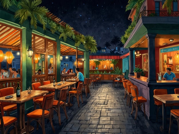 Auf dem Bild sieht man ein charmantes Restaurant in Cartagena, das in der Nacht beleuchtet ist. Der Außenbereich ist mit Tischen und Stühlen ausgestattet, die einladend wirken und Platz für gesellige Abende bieten. Die warme Beleuchtung und die tropischen Pflanzen schaffen eine entspannte Atmosphäre.

Die moderne Facette Cartagenas zeigt sich in der Architektur und der Gestaltung des Lokals, das traditionelle Elemente mit zeitgenössischem Flair kombiniert. Hier genießen die Gäste lokale Spezialitäten und Getränke, während das pulsierende Nachtleben der Stadt um sie herum pulsiert. Solche Orte sind typisch für Cartagenas lebendige Kultur, die sowohl traditionelle als auch moderne Einflüsse vereint.