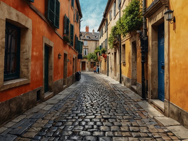 Auf dem Bild ist eine charmante, von bunten Häusern gesäumte Gasse zu sehen. Die bezaubernde Atmosphäre der Stadt wird durch die gepflasterte Straße und die liebevoll dekorierten Fassaden unterstrichen. Grüne Fensterläden und blühende Pflanzen verleihen dem Ort einen einladenden Charakter. In der Ferne sind einige Personen zu erkennen, die durch die ruhige Gasse flanieren, was das Bild noch lebendiger macht.