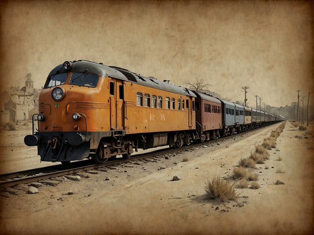 Auf dem Bild ist eine alte Lokomotive zu sehen, die auf einem Schienenweg fährt. Diese Lokomotive, mit einem markanten orangefarbenen Anstrich, zieht mehrere Waggons hinter sich her und ist von einer kargen Landschaft umgeben. Diese Szenerie kann als Symbol für die Entwicklung des Verkehrs und die Wege, die sich durch die Geschichte hindurch eröffnet haben, betrachtet werden. 

Ein Blick in die Geschichte: Vom Konflikt zur Kultur zeigt, wie technische Fortschritte, wie die Eisenbahn, nicht nur den Transport und die Mobilität revolutionierten, sondern auch kulturelle Verbindungen schufen. Die Eisenbahn spielte eine entscheidende Rolle in der industriellen Entwicklung und in der Schaffung von Gemeinschaften, indem sie Menschen und Waren miteinander verband und somit das soziale und wirtschaftliche Leben veränderte.