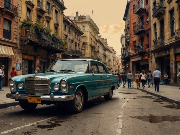 Auf dem Bild entfaltet sich ein urbanes Schauspiel, das die Seele der Stadt widerspiegelt. Im Herzen einer lebhaften Straße posiert ein vintage-blauer Wagen, ein Relikt vergangener Tage, das Geschichten von Reisen und Abenteuern erzählt. Um ihn herum schlendern Menschen in unterschiedlichster Kleidung, ihre Gesichter von der Neugier des Stadtlebens erleuchtet.

Die Gebäudefassaden sind in warmen, erdigen Tönen gehalten, reich verziert mit Balkonen, die das Leben der Stadt aus dem Inneren nach außen tragen. Bunte Blumenbereiche und geschäftige Schaufenster verströmen einen Hauch von Kreativität und Lebensfreude. Der Himmel hat einen sanften, nostalgischen Farbton, der dem Bild eine träumerische Atmosphäre verleiht.

Die Pfützen auf dem Asphalt reflektieren die Bewegungen der Passanten und sind wie kleine Spiegel, die die pulsierende Energie der Stadt einzufangen scheinen. Diese Szenerie ist nicht nur eine Momentaufnahme, sondern ein lebendiges Gemälde, das die Kultur und den unaufhörlichen Fluss des Lebens in dieser urbanen Oase widerspiegelt.