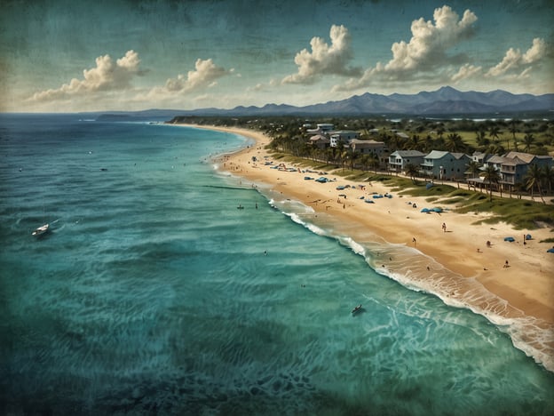 Auf dem Bild sind traumhafte Strände zu sehen, die einladende Oasen am Meer darstellen. Sanfte Wellen brechen am goldenen Sandstrand, während sich im Hintergrund malerische Hügel und eine kleine Ansiedlung von Gebäuden erstrecken. Die Türkisfarben des Wassers und der blau-weiße Himmel vermitteln ein Gefühl von Ruhe und Urlaub, ideal für entspannende Tage am Strand. Menschen genießen das Wasser, und das Gesamtbild wirkt sehr einladend und friedlich.