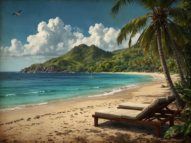 Auf dem Bild sind die paradiesischen Strände von Providencia zu sehen. Es zeigt einen malerischen Strand mit feinem Sand, kristallklarem Wasser in verschiedenen Blautönen, umgeben von üppiger grüner Vegetation und Palmen. Im Hintergrund erhebt sich eine bewaldete Hügelkette, während eine entspannte Atmosphäre durch die Liegen am Strand vermittelt wird. Der Himmel ist mit einigen Wolken durchzogen, was zu einem idyllischen Urlaubsfeeling beiträgt.