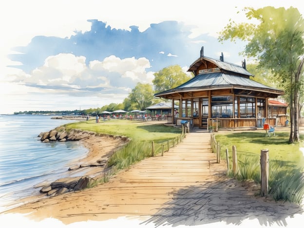 Auf dem Bild ist eine schöne Küstenlandschaft mit einem Holzpavillon zu sehen, der am Wasser steht. Der Strand ist sandig, und es gibt Bäume sowie Liegestühle oder Sonnenschirme in der Nähe. 

Für einen gelungenen Aufenthalt an einem solchen Ort könnten folgende Tipps hilfreich sein:

1. **Sonnenschutz**: Vergessen Sie nicht, Sonnencreme aufzutragen und einen Hut zu tragen, um sich vor der Sonne zu schützen.

2. **Wasser mitnehmen**: Halten Sie sich hydriert, besonders wenn Sie Zeit in der Sonne verbringen.

3. **Aktivitäten**: Nutzen Sie die Gelegenheit zum Schwimmen, Paddeln oder für Strandspiele. Ein gutes Buch oder ein gutes Spiel sorgen ebenfalls für Entspannung.

4. **Picknick vorbereiten**: Packen Sie Snacks oder ein leichtes Mittagessen ein, um das Erlebnis zu vervollständigen.

5. **Natur genießen**: Nehmen Sie sich Zeit, um die Umgebung zu erkunden und die Natur zu genießen.

6. **Sauberkeit**: Denken Sie daran, Ihren Müll mitzunehmen und die Umgebung sauber zu halten. 

Viel Spaß bei Ihrem Aufenthalt!