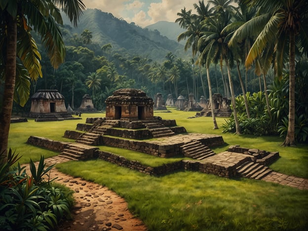 Auf dem Bild sind Überreste einer antiken Stadt zu sehen, die an die Ciudad Perdida erinnert. Diese Stadt, auch bekannt als die "verlorene Stadt", wurde von der Tairona-Kultur in den Anden Kolumbiens erbaut. Sie liegt tief im Dschungel und ist von einer üppigen Vegetation umgeben, ähnlich wie auf dem Bild. 

Die Architektur zeigt steinerne Stufen und Rundbauten, die bis zur Entdeckung im 20. Jahrhundert größtenteils verborgen waren. Die Ruinen zeugen von einer hochentwickelten Zivilisation, die in Harmonie mit der Natur lebte. Diese Stätte war nicht nur ein Wohnort, sondern auch ein religiöses und kulturelles Zentrum, das die spirituellen Praktiken und das soziale Leben der Tairona reflektierte. 

In dieser Landschaft erkennen wir die Spuren der Vergangenheit, die heute von Besuchern erkundet werden und die Geschichte dieser faszinierenden Kultur lebendig halten.