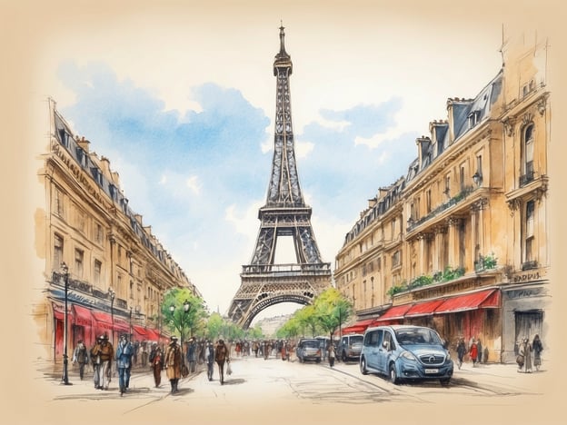 Auf dem Bild ist der Eiffelturm in Paris zu sehen, umgeben von eleganten Gebäuden und Straßen. Die Szene vermittelt ein Gefühl von lebendiger Kultur und Kunst, das typisch für die Stadt ist. Die Straßencafés mit roten Markisen und die Fußgänger, die die Straße entlang schlendern, zeugen von der Pariser Lebensart. Diese Darstellung spiegelt die romantische Atmosphäre und das künstlerische Flair wider, für die Paris berühmt ist. Der Eiffelturm, als ikonisches Wahrzeichen, symbolisiert die Verbindung von Architektur und Kultur in dieser faszinierenden Stadt.