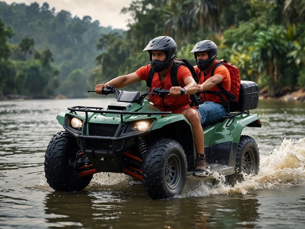 Auf dem Bild sehen wir zwei Personen, die mit einem Quad über ein Gewässer fahren. Dies erinnert an aufregende Abenteueraktivitäten, die man in Guatapé erleben kann. 

In Guatapé kann man zum Beispiel Quadfahren durch die atemberaubende Natur, die von Seen und Bergen geprägt ist. Solche Touren ermöglichen es Teilnehmern, die beeindruckenden Landschaften und die vielfältige Tierwelt der Region zu erkunden. Weitere Aktivitäten in Guatapé könnten Wandern, Boottouren auf dem Stausee oder das Besteigen des Felsens „Peñol“ sein, von dem man eine spektakuläre Aussicht hat.