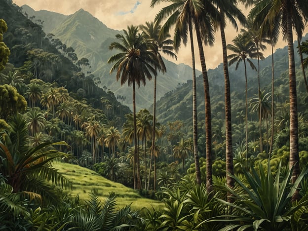 Auf dem Bild ist eine malerische Landschaft des Cocora-Tals zu sehen, das für seine majestätischen Wachspalmen bekannt ist. Die üppige grüne Vegetation und die sanften Hügel im Hintergrund verleihen der Szene eine friedliche und traumhafte Atmosphäre. Die hohen Palmen stehen eindrucksvoll im Vordergrund und tragen zur Schönheit des tropischen Klimas bei. Die Mischung aus Bergen und dichten Wäldern macht dieses Tal zu einem magischen Ort in Kolumbien.