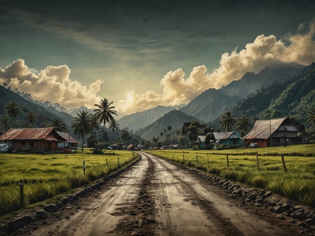 Auf dem Bild ist eine malerische Landschaft zu sehen, die das Cocora-Tal widerspiegelt. Die Szenerie zeigt ein schlammiges, unbefestigtes Straßenstück, das durch eine grüne Wiese führt, umgeben von hohen Bergen und Palmen. In der Nähe befinden sich mehrere einfache Häuser mit Blechdächern. 

Für die Anreise ins Cocora-Tal empfiehlt es sich, eine Verbindung durch die umliegenden Städte, wie Salento, zu nutzen. Von dort aus gibt es Transportmöglichkeiten wie Jeeps oder organisierte Touren, die direkt ins Tal fahren. Diese Option ermöglicht es Reisenden, die beeindruckende Natur und die charakteristische Landschaft mit wenig Aufwand zu genießen.