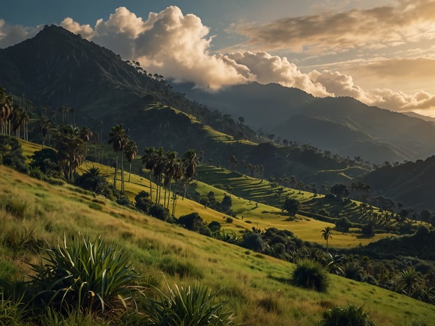 Auf dem Bild ist eine beeindruckende Landschaft mit sanften Hügeln, grünen Wiesen und Palmen zu sehen, umgeben von majestätischen Bergen und einem malerischen Himmel mit Wolken. 

**Praktische Informationen für deinen Besuch:**

1. **Zugang:** Erkundige dich über die besten Zugangsmöglichkeiten zur Region, eventuell durch Wanderwege oder Straßen. Informiere dich über den Zustand der Wege.

2. **Ausrüstung:** Trage geeignete Kleidung und festes Schuhwerk, da das Gelände hügelig und uneben sein kann. Sonnencreme und Wasser sind ebenfalls wichtig.

3. **Unterkunft:** Wenn du länger bleiben möchtest, recherchiere nach Unterkünften in der Nähe. Es könnten Hotels oder Campingplätze verfügbar sein.

4. **Aktivitäten:** Nutze die Gelegenheit für Wanderungen, Fotografie und eventuell Tierbeobachtungen. Informiere dich über lokale Sehenswürdigkeiten.

5. **Wetter:** Achte auf die Wettervorhersage, um deinen Besuch entsprechend zu planen. In Bergregionen kann das Wetter schnell wechseln.

Viel Spaß bei deinem Besuch!