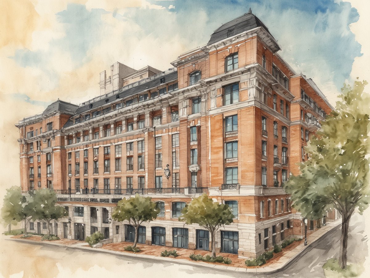 Das Bild zeigt eine künstlerische Aquarelldarstellung des historischen Seelbach Hotels in Louisville. Das Hotel ist ein beeindruckendes, mehrstöckiges Gebäude mit einer Fassade aus rotem Ziegel und eleganten, weißen Stuckdetails. Die Fenster sind groß und klassisch gestaltet, während das Dach mit einem markanten, schrägen Aufsatz verziert ist. Vor dem Hotel befinden sich Bäume und eine gepflegte Umgebung, und die Himmelsschattierungen variieren von sanften Blautönen bis hin zu warmen Erdtönen, die der Szene eine nostalgische Atmosphäre verleihen.