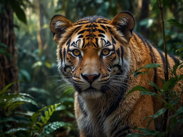 Auf dem Bild ist ein majestätischer Tiger zu sehen, der in der dichten Vegetation eines tropischen Waldes umgeben ist. Seine leuchtenden Farben und markanten Streifen heben sich von den grünen Blättern des Dschungels ab. Diese Szenen erinnern an Abenteuer und Erlebnisse im Amazonasgebiet, wo die Tierwelt vielfältig und beeindruckend ist. Der Tiger symbolisiert die ungebändigte Schönheit und Stärke der Natur in dieser Region.