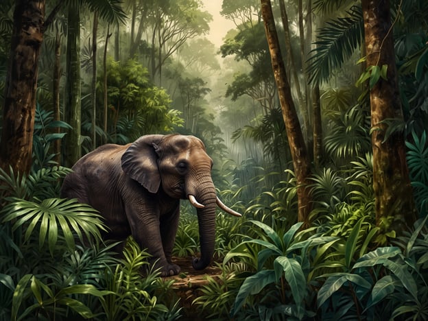 Auf dem Bild ist ein Elefant in einer üppigen, tropischen Dschungelumgebung zu sehen, die an die Flora und Fauna des Amazonas erinnert. Der Amazonas ist bekannt für seine enorme Biodiversität, die aus einer Vielzahl von Pflanzen- und Tierarten besteht. In diesem faszinierenden Ökosystem leben viele Baumarten, Sträucher und Farne, die das Habitat für zahlreiche Tiere bieten. Der Elefant, der in diesem Bild dargestellt ist, symbolisiert die beeindruckenden Tiere, die in verschiedenen tropischen Regionen vorkommen, auch wenn er nicht typisch für den Amazonas ist. Der Wald im Hintergrund ist dicht bewachsen und strahlt eine ruhige, geheimnisvolle Atmosphäre aus, die oft mit dem Amazonas in Verbindung gebracht wird.