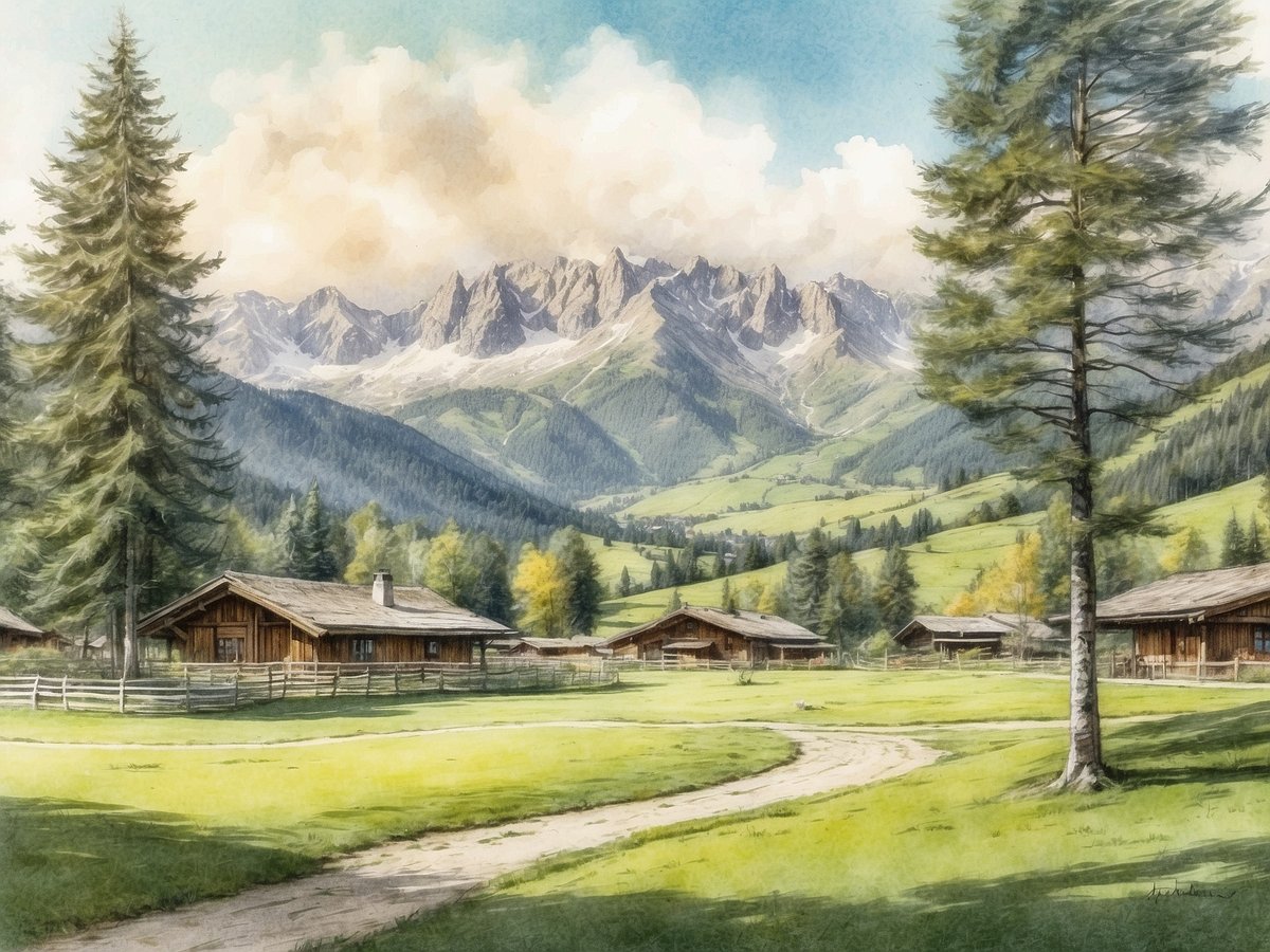 Eine malerische Landschaft in Bad Kleinkirchheim Kärnten, die sanften Hügel und beeindruckenden Berge im Hintergrund zeigt. Im Vordergrund befinden sich mehrere rustikale Holzhütten, umgeben von grünen Wiesen und hohen Bäumen. Ein geschwungener Weg führt durch die idyllische Umgebung und lädt zu Erkundungstouren ein. Der Himmel ist leicht bewölkt, und die gesamte Szenerie strahlt eine friedliche, alpine Atmosphäre aus.