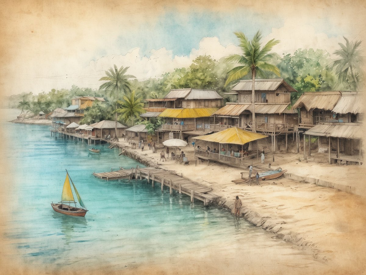 Das Bild zeigt eine malerische Küstenszene in Negril mit mehreren traditionellen Holzhäusern, die entlang des Ufers stehen. Die Gebäude sind auf Stelzen gebaut und einige haben farbige Dächer, darunter ein auffälliges gelbes Dach. Am Wasser sind mehrere Personen zu sehen, die sich am Strand aufhalten oder in der Nähe eines kleinen Boots mit einem gelben Segel. Palmen und üppiges Grün umgeben die Szene, während das klare, turquoise Wasser sanft am Ufer plätschert. Im Hintergrund sind sanfte Hügel und ein bewölkter Himmel zu erkennen.