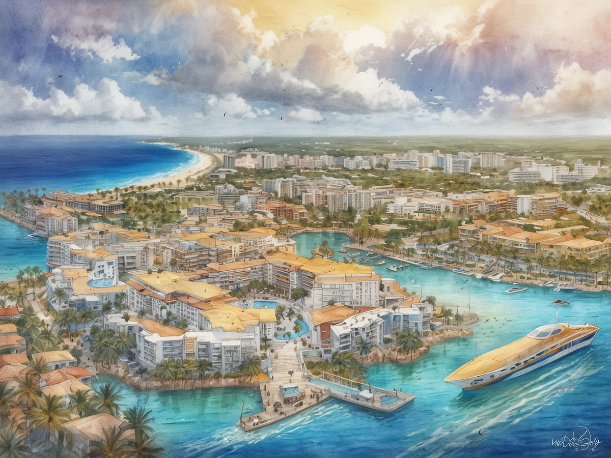 Das Bild zeigt eine malerische Ansicht von Cancún, mit einer Kombination aus luxuriösen Gebäuden, Yachten und einer traumhaften Küstenlinie. Die Szenerie umfasst das klare, türkisfarbene Wasser, das an einen goldenen Sandstrand grenzt. In der Umgebung sind Palmen zu sehen, die der Landschaft eine tropische Note verleihen. Der Himmel ist von sanften Wolken und Lichtstrahlen durchzogen, die eine warmen und einladenden Atmosphäre schaffen. Cancún hostet World Travel Awards Lateinamerika 2025.
