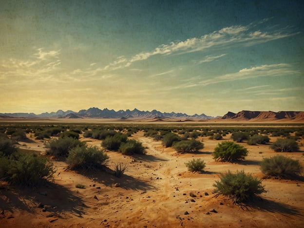 Auf dem Bild ist eine weitläufige Wüstenlandschaft zu sehen, die an die faszinierenden Wüstenregionen von La Guajira erinnert. Die sanften Hügel und Berge im Hintergrund erzeugen einen eindrucksvollen Kontrast zur kargen Erde im Vordergrund, die mit typischer Wüstenvegetation bewachsen ist. Der Himmel zeigt eine warme Farbpalette, die an die späten Nachmittags- oder frühen Morgenstunden erinnert, wenn das Licht besonders schön ist. Diese Landschaft vermittelt ein Gefühl von Ruhe und Weite, typisch für die unberührte Natur von La Guajira.