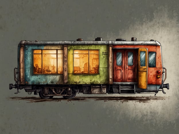 Auf dem Bild ist ein bunter Zugwagen zu sehen, der in verschiedenen Farben gestrichen ist, darunter Blau, Grün und Orange. Die Fenster des Waggons sind beleuchtet, was einen gemütlichen Innenraum vermuten lässt, möglicherweise mit Tischen und Stühlen, die auf eine einladende Atmosphäre hinweisen. Es scheint ein einzigartiger Ort zu sein, der eventuell als Café oder Aufenthaltsraum dient. 

Solche kreativen Unterkünfte bieten eine interessante Möglichkeit für Reisende, die nach Alternativen zu herkömmlichen Hotels suchen, und sie sind oft für verschiedene Geldbeutel geeignet.