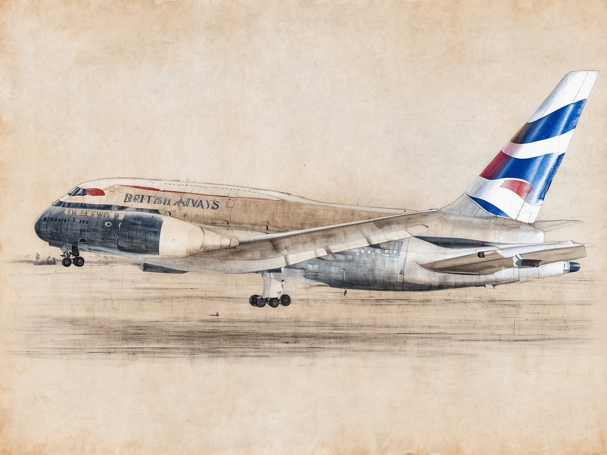 Ein British Airways Flugzeug der Boeing 747 hebt ab. Das Flugzeug ist in den klassischen Farben der Airline lackiert und zeigt das bekannte Logo. Die Szenerie scheint trocken und staubig zu sein, was darauf hindeutet, dass der Flughafen möglicherweise in einer Wüstenregion liegt. Ab März 2025 wird British Airways zweimal täglich nonstop von Austin nach London fliegen.