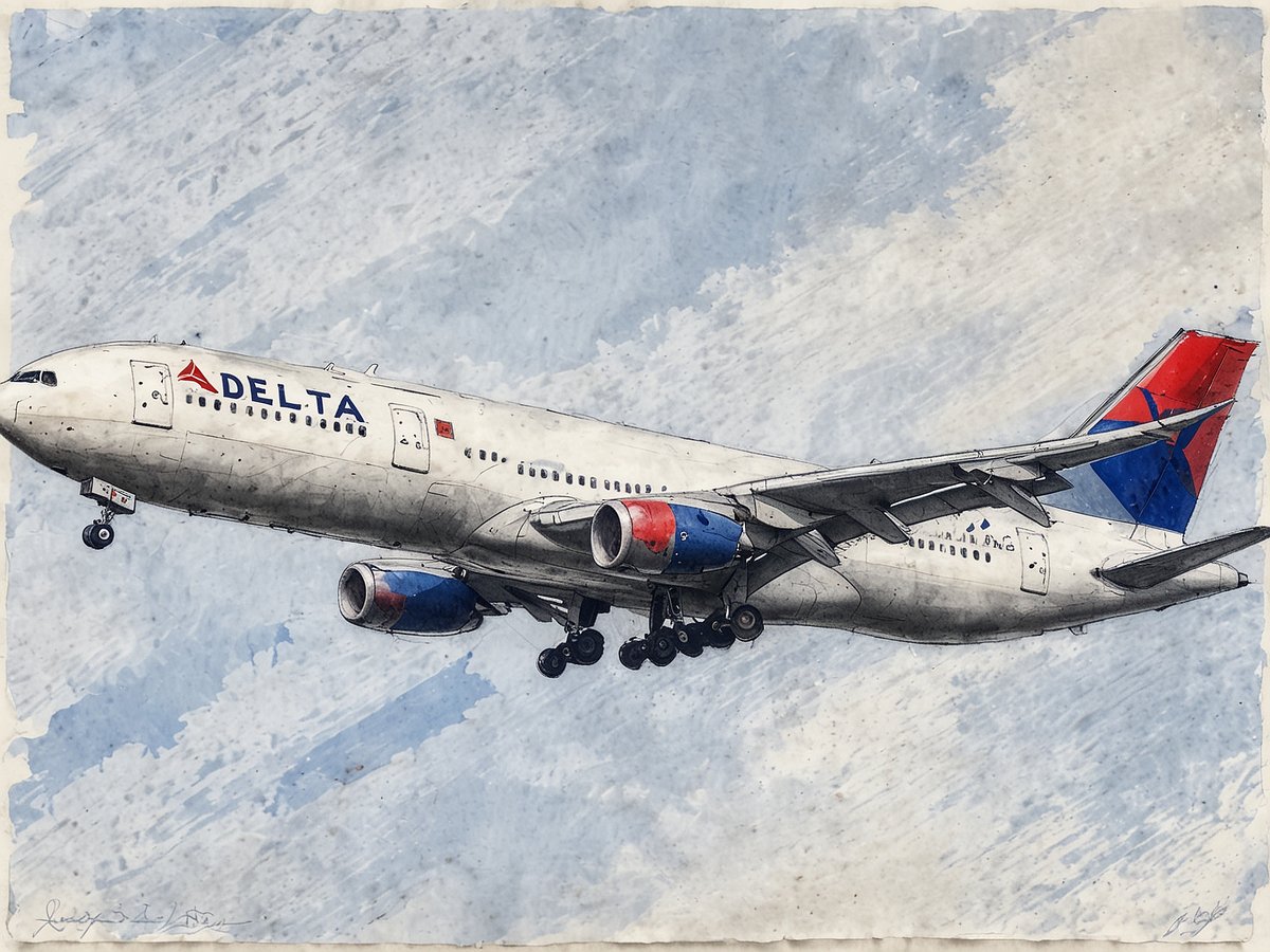 Ein Delta Airlines Flugzeug hebt ab und fliegt durch einen blauen Himmel. Das Flugzeug hat die typischen Delta-Farben in Rot, Weiß und Blau, wobei das Logo gut sichtbar auf der Seite angebracht ist. Die Tragflächen sind ausgefahren, und das Fahrwerk ist teilweise ausgefahren. Im Hintergrund sind sanfte Wolken zu sehen, die eine dynamische Atmosphäre schaffen.