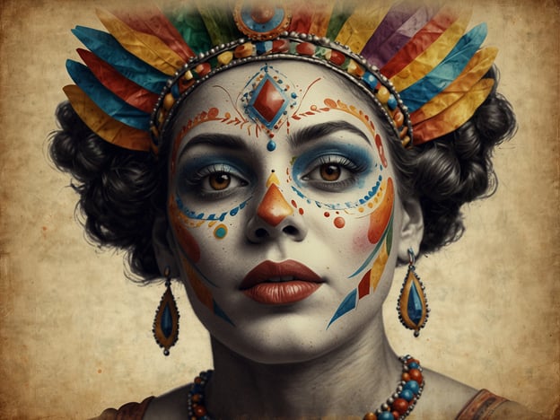 Auf dem Bild ist eine Person mit auffälligem Make-up und bunten Accessoires zu sehen, die an traditionelle Karnevalskostüme erinnert. Das Make-up hat lebendige Farben und kunstvolle Muster, die oft mit Feierlichkeiten und dem Feiern von Kultur und Tradition in Verbindung gebracht werden. Der Karneval ist international anerkannt und stellt eine Zeit des Feierns, der Freude und des kulturellen Ausdrucks dar. Die Darstellung auf dem Bild könnte symbolisch für den Reichtum und die Vielfalt der Karnevalstraditionen in verschiedenen Kulturen stehen.