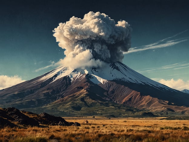 Auf dem Bild ist eine beeindruckende Vulkanlandschaft zu sehen, die den Nevado del Ruiz darstellt. Der Vulkan ist gerade aktiv und zeigt eine erhebliche Aschewolke, die in den Himmel aufsteigt. Die umgebenden Berge und Wiesen verleihen der Szenerie eine majestätische Schönheit, während die rauchenden Ausbrüche auf die geologischen Kräfte hinweisen, die die Region prägen. Diese Landschaft ist ein faszinierendes Beispiel für die dynamische Natur der Erde und die verschiedenen vulkanischen Erscheinungsformen.