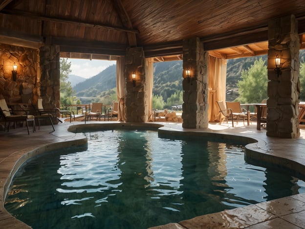 Auf dem Bild sind Heißwasserquellen in einer Wellnessumgebung zu sehen. Der Raum ist geräumig und gemütlich gestaltet, mit großen Fenstern, die einen Blick auf die umliegende Natur bieten. Das Wasser im Pool ist klar und einladend, und die Holz- und Steinelemente der Einrichtung schaffen eine entspannende Atmosphäre. Die Kombination aus Innenraum und Natur sorgt für ein harmonisches Erlebnis, ideal für Wellness und Entspannung.