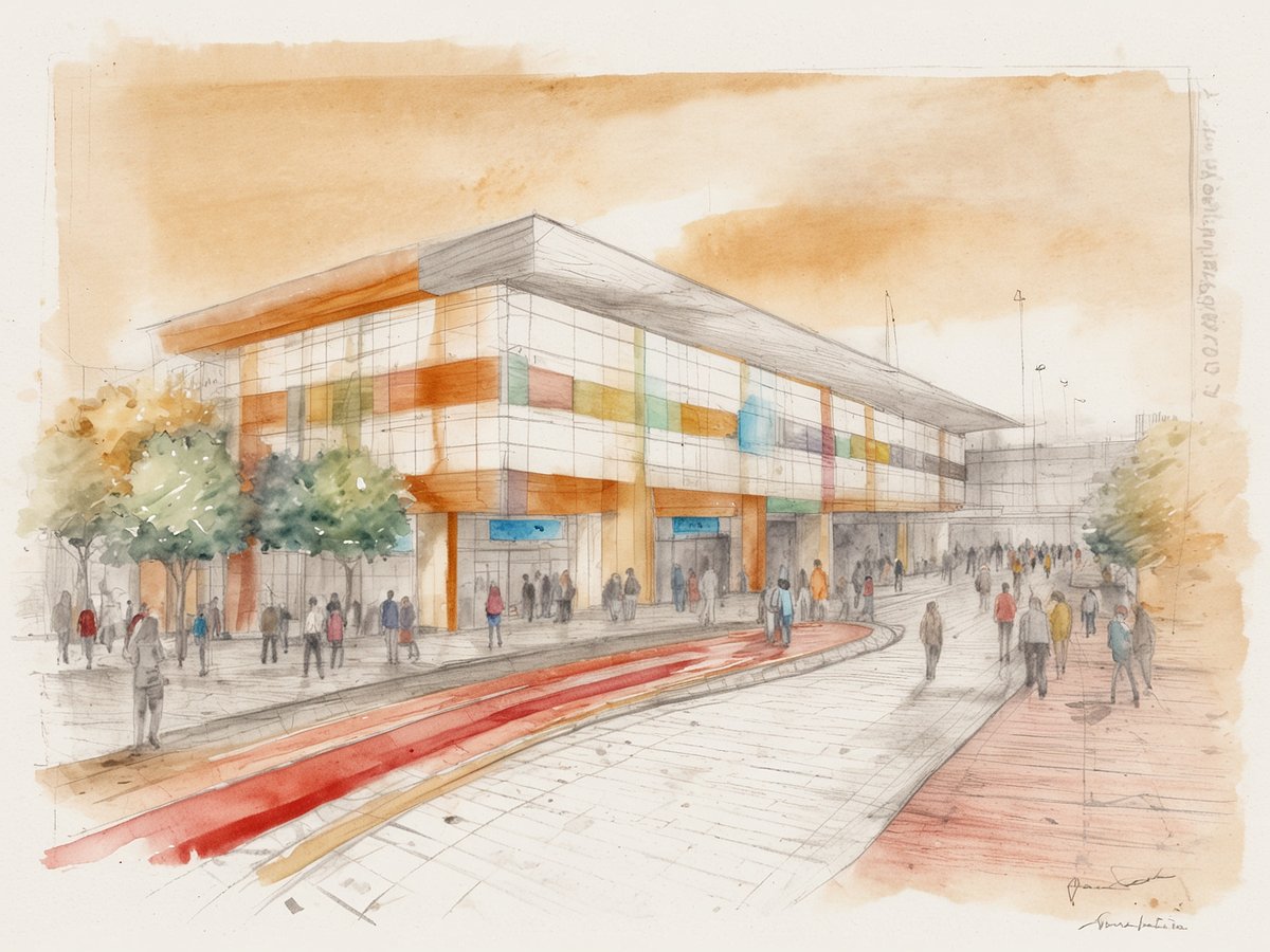 Eine moderne Architekturzeichnung zeigt ein großes Gebäude mit einer Glasfassade und bunten Akzenten in Orange, Blau und Grün. Vor dem Gebäude ist ein belebter Platz, auf dem zahlreiche Menschen spazieren, einige stehen zusammen und unterhalten sich. Bäume säumen die Wege, und der Boden ist mit Pflastersteinen gestaltet. Im Vordergrund führt eine geschwungene rote Linie über den Platz, die eine interessante visuelle Wirkung erzeugt. Der Himmel ist in sanften, warmen Tönen gehalten, die eine einladende Atmosphäre schaffen.