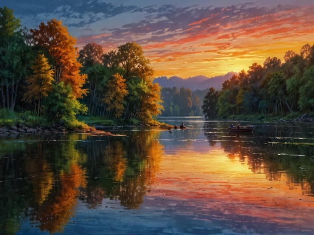 Auf dem Bild ist eine malerische Flusslandschaft zu sehen, die von der Farbenpracht des Flusses geprägt ist. Die Abenddämmerung taucht den Himmel in warme Farben wie Orange, Rosa und Violett. Das Wasser spiegelt diese Farben wider und verstärkt die Schönheit der Szenerie. An den Ufern stehen Bäume in verschiedenen Grüntönen und einige zeigen leuchtend orangefarbene Blätter, was den Herbstillustrationseffekt verstärkt. Auf dem Fluss sind zwei kleine Boote zu sehen, die sanft auf der spiegelglatten Oberfläche gleiten. Die gesamte Atmosphäre strahlt Ruhe und Harmonie aus.