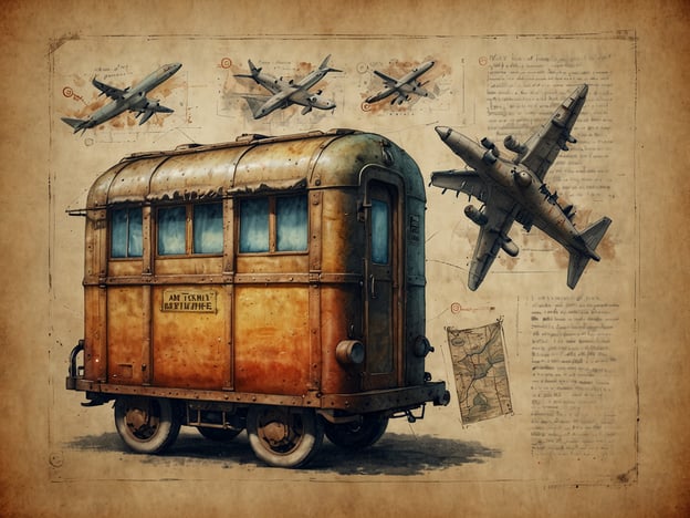 Auf dem Bild sieht man einen nostalgisch gestalteten Wagen, der an einen mobilen Flughafen oder ein historisches Transportmittel erinnert. Umgeben ist er von Illustrationen verschiedener Flugzeuge, die in verschiedenen Höhen überfliegen, sowie skizzenhaften Karten und Beschreibungen.

Wenn du an einem Ort reisen möchtest, der mit der Luftfahrt oder historischen Transportmitteln zu tun hat, hier einige Anreisemöglichkeiten und praktische Tipps:

1. **Anreise mit dem Flugzeug**: Viele große Städte haben Museen oder Ausstellungen, die sich mit der Luftfahrtgeschichte beschäftigen. Informiere dich über Flüge zu den nächstgelegenen internationalen Flughäfen.

2. **Öffentliche Verkehrsmittel**: Nutze lokale U-Bahnen oder Busse, um direkt zu Luftfahrtmuseen oder historischen Standorten zu gelangen. Oft gibt es spezielle Tagestickets, die mehrere Fahrten abdecken.

3. **Mietwagen**: Wenn du eine größere Region erkunden möchtest, kann ein Mietwagen hilfreich sein. Dies bietet Flexibilität, um verschiedene Sehenswürdigkeiten oder versteckte Orte bequem zu erreichen.

4. **Fahrrad oder zu Fuß**: In vielen Städten gibt es Fahrradverleihe oder gute Fußwege. Dies ist nicht nur umweltfreundlich, sondern ermöglicht auch, die Umgebung intensiver zu erleben.

5. **Praktische Tipps**:
   - Informiere dich vorab über Öffnungszeiten und Ticketpreise von Museen.
   - Plane deinen Besuch an Wochentagen, um Menschenmengen zu vermeiden.
   - Halte deine Kamera bereit, um die faszinierenden Exponate festzuhalten. 

So kannst du eine spannende Reise in die Welt der Luftfahrtgeschichte genießen!