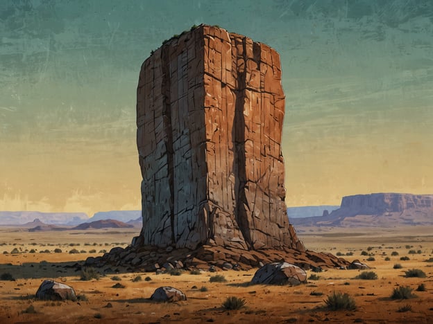 Auf dem Bild ist ein beeindruckender Monolith zu sehen, der in einer weitläufigen, kargen Landschaft steht. Umgeben von sanften Hügeln und Felsen, wirkt der Monolith majestätisch und imposant. Diese geologischen Wunder entstehen durch Erosion und die natürlichen Kräfte der Erde, die über Jahrmillionen hinweg geformt haben. Die schroffen Kanten und die charakteristische Farbgebung des Gesteins zeigen die Geschichte der geologischen Prozesse, die zu seiner Entstehung geführt haben. Der Himmel im Hintergrund, der in sanften Farbtönen leuchtet, verleiht der Szene eine friedliche Atmosphäre und hebt die eindrucksvolle Gestalt des Monolithen hervor.