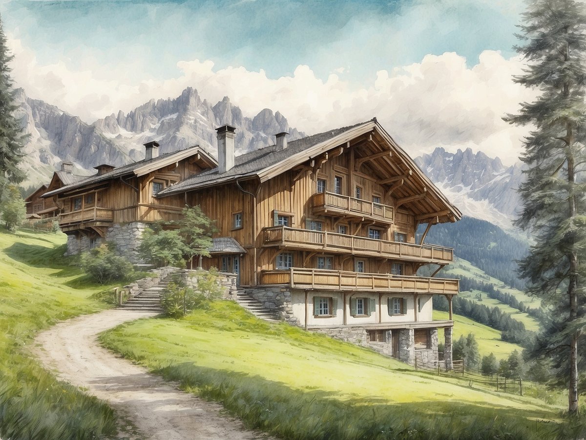 Ein traditionelles Chalet im alpinen Stil, umgeben von einer malerischen Landschaft. Das Holzgebäude hat mehrere Balkone mit einem atemberaubenden Blick auf die umliegenden Berge. Der Weg zur Unterkunft ist von grünen Wiesen gesäumt, und im Hintergrund sind majestätische Berggipfel zu sehen. Ein paar Bäume stehen an den Seiten des Weges, wodurch eine ruhige, natürliche Atmosphäre entsteht.