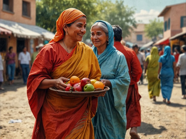 Auf dem Bild sind zwei Frauen zu sehen, die traditionelle Kleidung tragen, die reich an Farben ist. Die Frau vorne trägt ein oranges und gelbes Gewand und hat einen Korb mit frischen Früchten in der Hand, während die Frau im Hintergrund in einem blauen Sari ein warmes Lächeln zeigt. Diese Szenerie vermittelt ein Gefühl von Gemeinschaft und dem alltäglichen Leben auf einem Markt.

Solche Märkte sind oft kulturelle Highlights in vielen Ländern, wo lokale Gemeinschaften zusammenkommen, um frische Produkte einzukaufen und soziale Kontakte zu pflegen. Die bunten Kleider der Frauen reflektieren die Vielfalt und den Reichtum der lokalen Traditionen, und die Früchte symbolisieren die Fruchtbarkeit und die landwirtschaftliche Basis der Region. Märkte sind nicht nur Orte des Handels, sondern auch Zentren des kulturellen Austauschs und des sozialen Lebens.