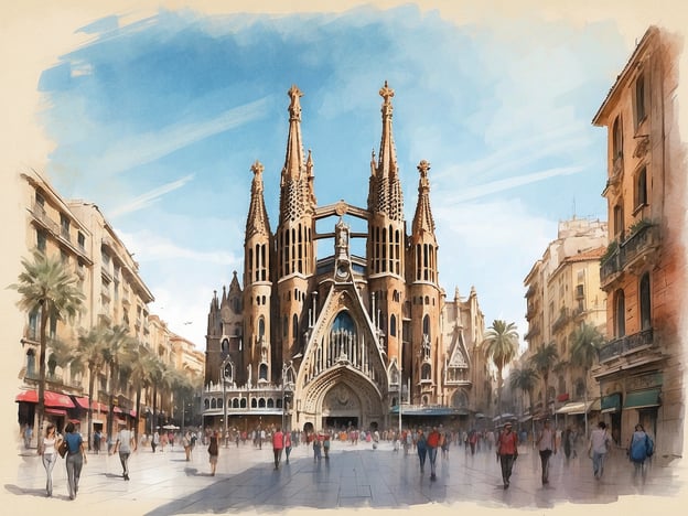 Auf dem Bild ist die berühmte Basilica de la Sagrada Família in Barcelona zu sehen. Diese beeindruckende Kathedrale, entworfen von Antoni Gaudí, ist eines der bekanntesten Wahrzeichen der Stadt und zieht jährlich Millionen von Touristen an. 

Die Sagrada Família ist bekannt für ihre einzigartigen architektonischen Formen und detailreichen Fassaden, die sowohl gotische als auch jugendstilistische Elemente kombinieren. Zudem ist sie ein UNESCO-Weltkulturerbe und befindet sich noch immer im Bau, was sie zu einem faszinierenden Ort für Besucher macht. 

In der Umgebung sind auch Palmen und historische Gebäude zu erkennen, was das mediterrane Flair Barcelonas unterstreicht.