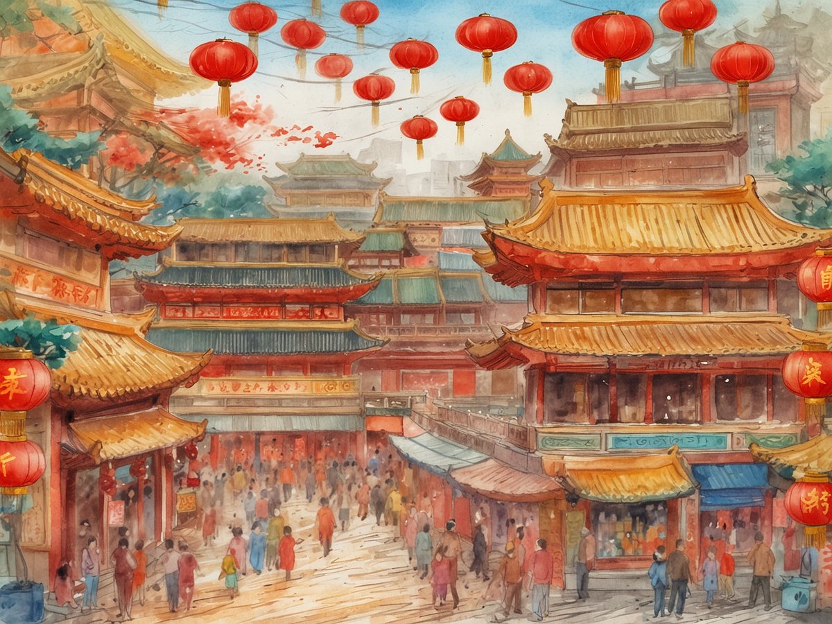 Eine malerische Straßenszene während des chinesischen Neujahrs mit traditionellen architektonischen Gebäuden, die mit goldenen und roten Dächern gestaltet sind. Über den Straßen hängen leuchtende rote Laternen, die für Feierlichkeiten typisch sind. Menschen in festlicher Kleidung schlendern durch die Gassen, die von blühenden Kirschbäumen umgeben sind. Die Szenerie vermittelt eine Atmosphäre von Feier und Freude, ideal für Reisende, die während des Neujahrs feiern möchten.