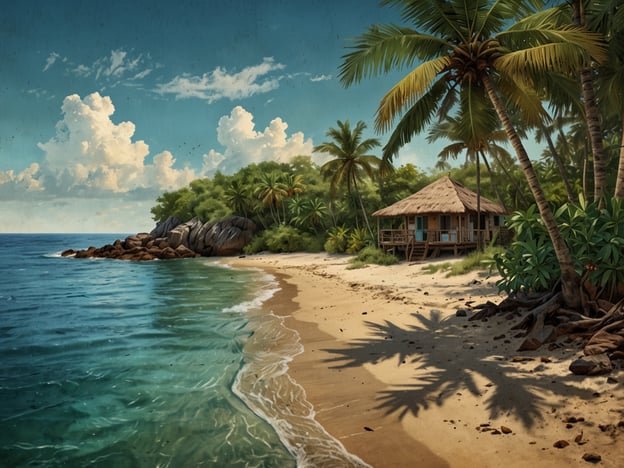 Auf dem Bild ist eine malerische Strandlandschaft zu sehen, die an die Strände in Tolú erinnert. Die sanften Wellen brechen am Ufer, während das klare, türkisfarbene Wasser die Küste umspült. Rechts ist ein gemütliches Häuschen aus Holz zu sehen, umgeben von üppigem Grün und hohen Palmen, die Schatten auf den feinen Sand werfen. Die Mischung aus nachhaltiger Natur und ruhiger Meeresatmosphäre macht diesen Ort ideal für entspannende Tage am Strand und unvergessliche Naturerlebnisse. Solche Szenen spiegeln die Schönheit und Vielfalt der Strände in Tolú wider, wo man die Ruhe der Natur genießen kann.