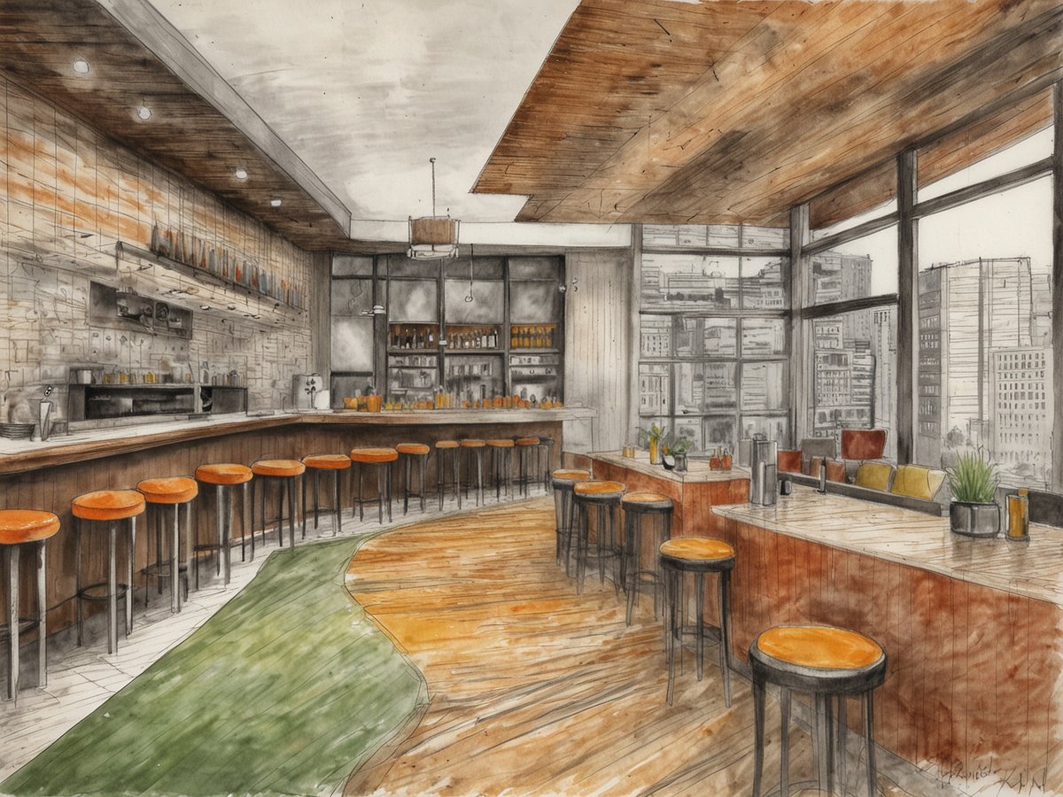Eine stilvolle Innenansicht eines Restaurants mit einer U-förmigen Bar, die mit orangefarbenen Hockern ausgestattet ist. Die Wände sind aus hellem Holz und Stein, und große Fenster bieten einen Blick auf die Stadt. Der Boden ist aus warmem Holz und es liegt ein grüner Teppich im Raum. Auf der Bar sind verschiedene Getränke und Pflanzen dekorativ platziert. Das Ambiente wirkt modern und einladend.