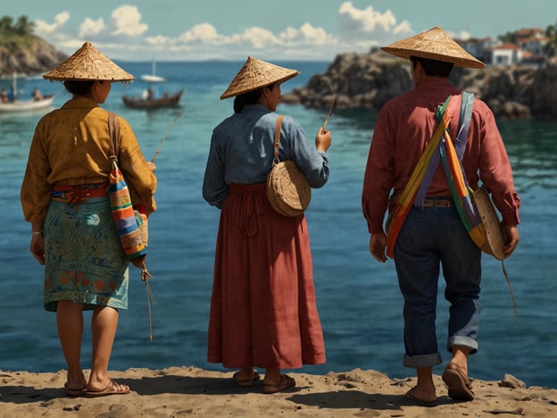 Das Bild zeigt drei Menschen, die am Ufer eines Gewässers stehen und auf das Wasser blicken. Sie sind in traditionellen Kleidungsstücken aus der maritimen Kultur Tolús gekleidet, die oft lebendige Farben und charakteristische Muster aufweisen. Die Frauen tragen Hüte, die sie vor der Sonne schützen, und scheinen mit Angeln oder anderen Utensilien ausgestattet zu sein, was auf eine Verbindung zur Fischerei oder maritimen Aktivitäten hinweist. Im Hintergrund sind kleine Boote zu sehen, die die maritime Lebensweise weiter unterstreichen. Der Blick auf das Wasser und die gemeinsame Aktivität verweist auf die Bedeutung des Meeres in ihrer Kultur.