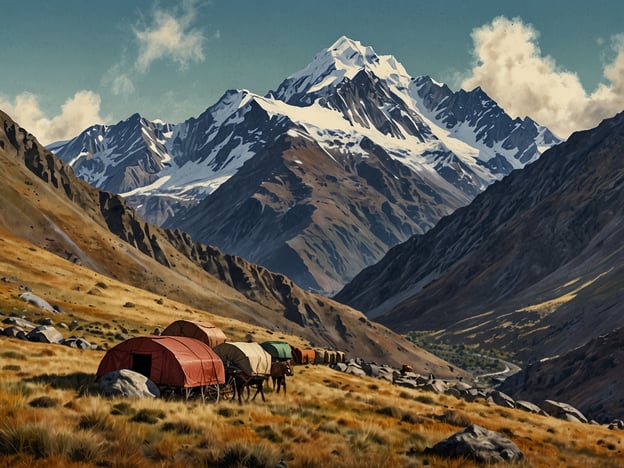 Auf dem Bild ist eine atemberaubende Landschaft zu sehen, die Abenteuerliches Trekking im Herzen der Anden verspricht. Majestätische schneebedeckte Berge erheben sich im Hintergrund, während im Vordergrund Wagen auf einer weiten, grasbewachsenen Fläche stehen. Die sanften Hügel und das klare Blau des Himmels verleihen der Szene eine friedliche und gleichzeitig abenteuerliche Atmosphäre.